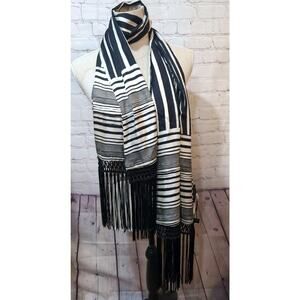 BCBG MAX AZRIA 100% Silk Scarf Pashmina Striped Fringe Oblong Black White NWOT